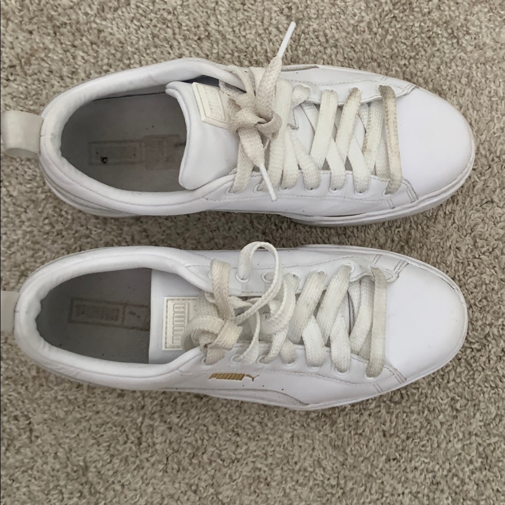 Puma White Low-Top Platform Sneakers with Gold Logo